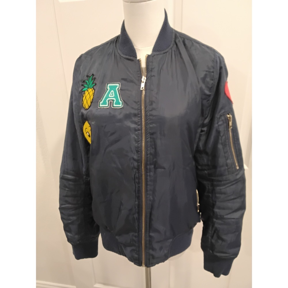Say‎ What Bomber Jacket Navy Blue Pineapple A Heart Patches Women's Size M